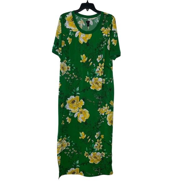 G.I.L.I Green Floral Shift Maxi Dress L Stretchy Tropical Resort Vacation - Picture 1 of 7